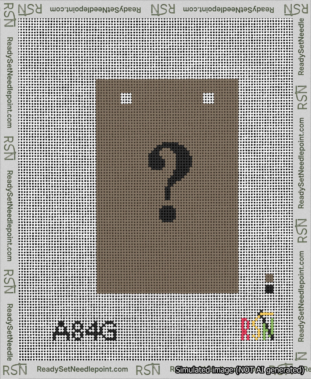 A taped needlepoint canvas with the design: Banner 13 mesh count Squared Question Black on Brown.