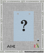 A taped needlepoint canvas with the design: Banner 13 mesh count Squared Question Black on Light Blue.