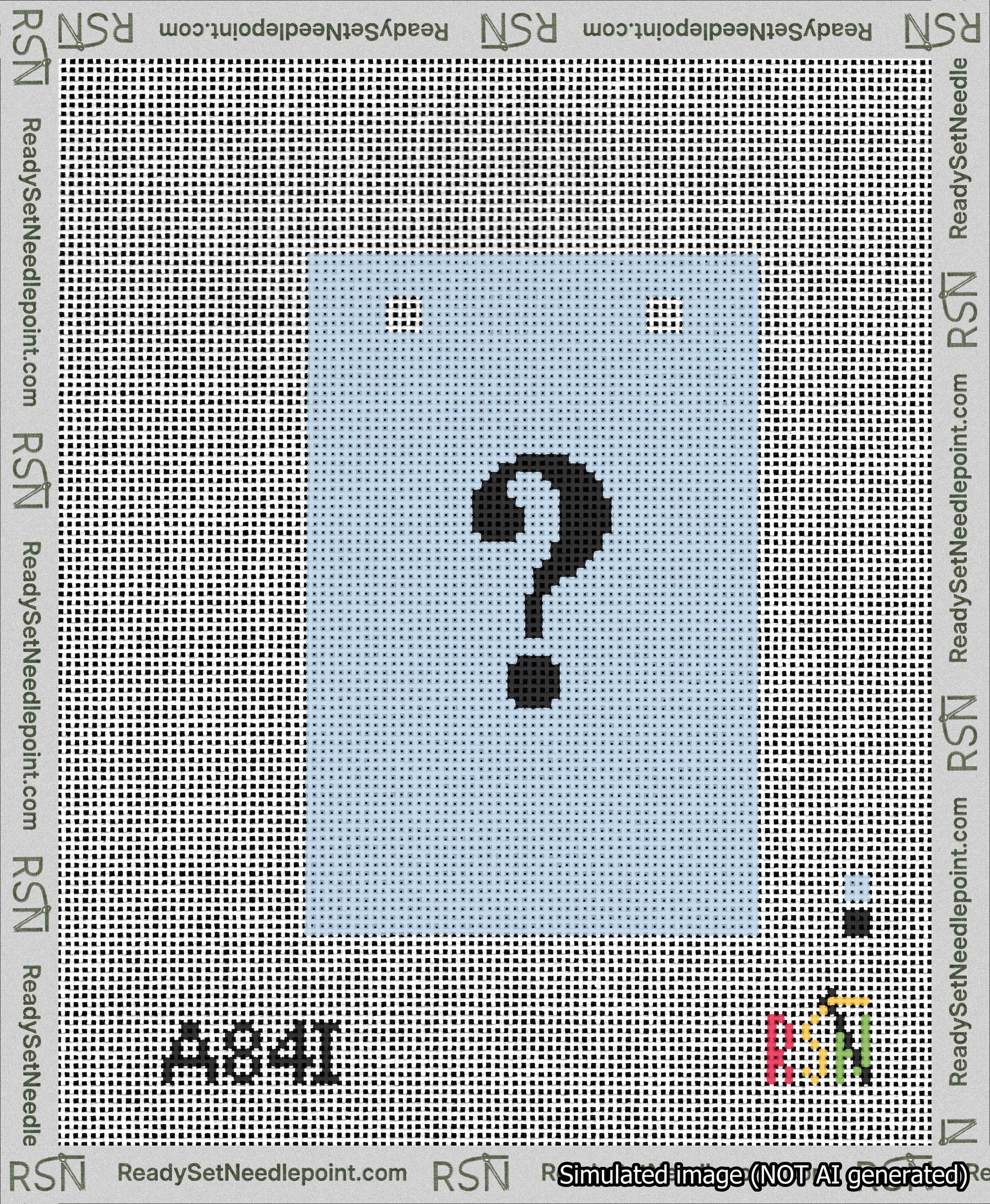 A taped needlepoint canvas with the design: Banner 13 mesh count Squared Question Black on Light Blue.