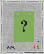 A taped needlepoint canvas with the design: Banner 13 mesh count Squared Question Black on Light Green.