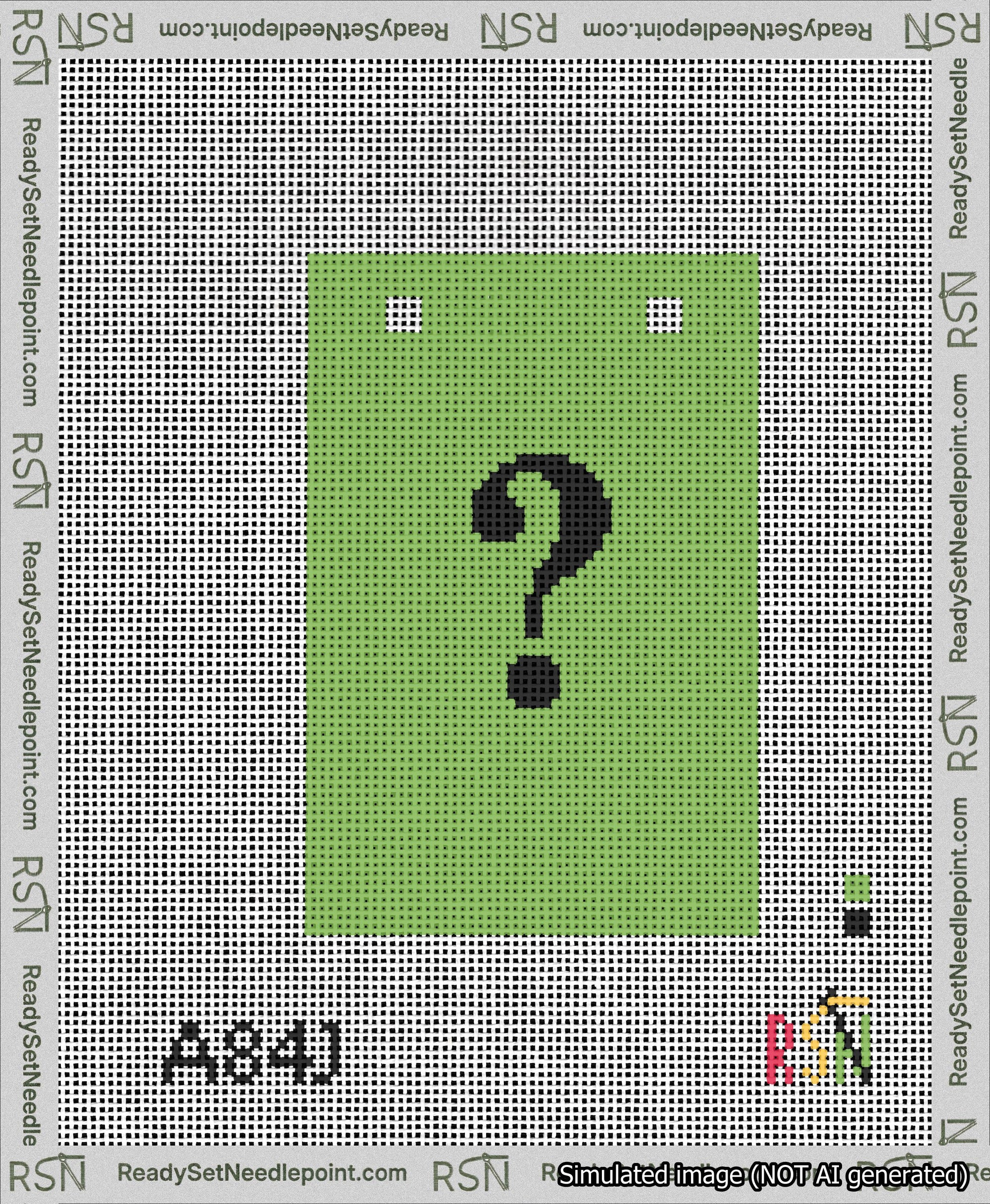 A taped needlepoint canvas with the design: Banner 13 mesh count Squared Question Black on Light Green.