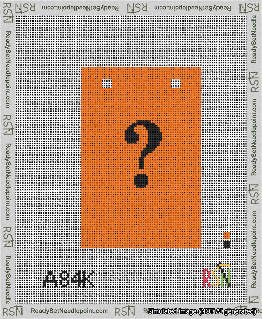 A taped needlepoint canvas with the design: Banner 13 mesh count Squared Question Black on Orange.