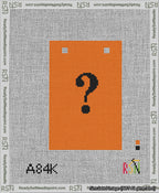 A taped needlepoint canvas with the design: Banner 13 mesh count Squared Question Black on Orange.