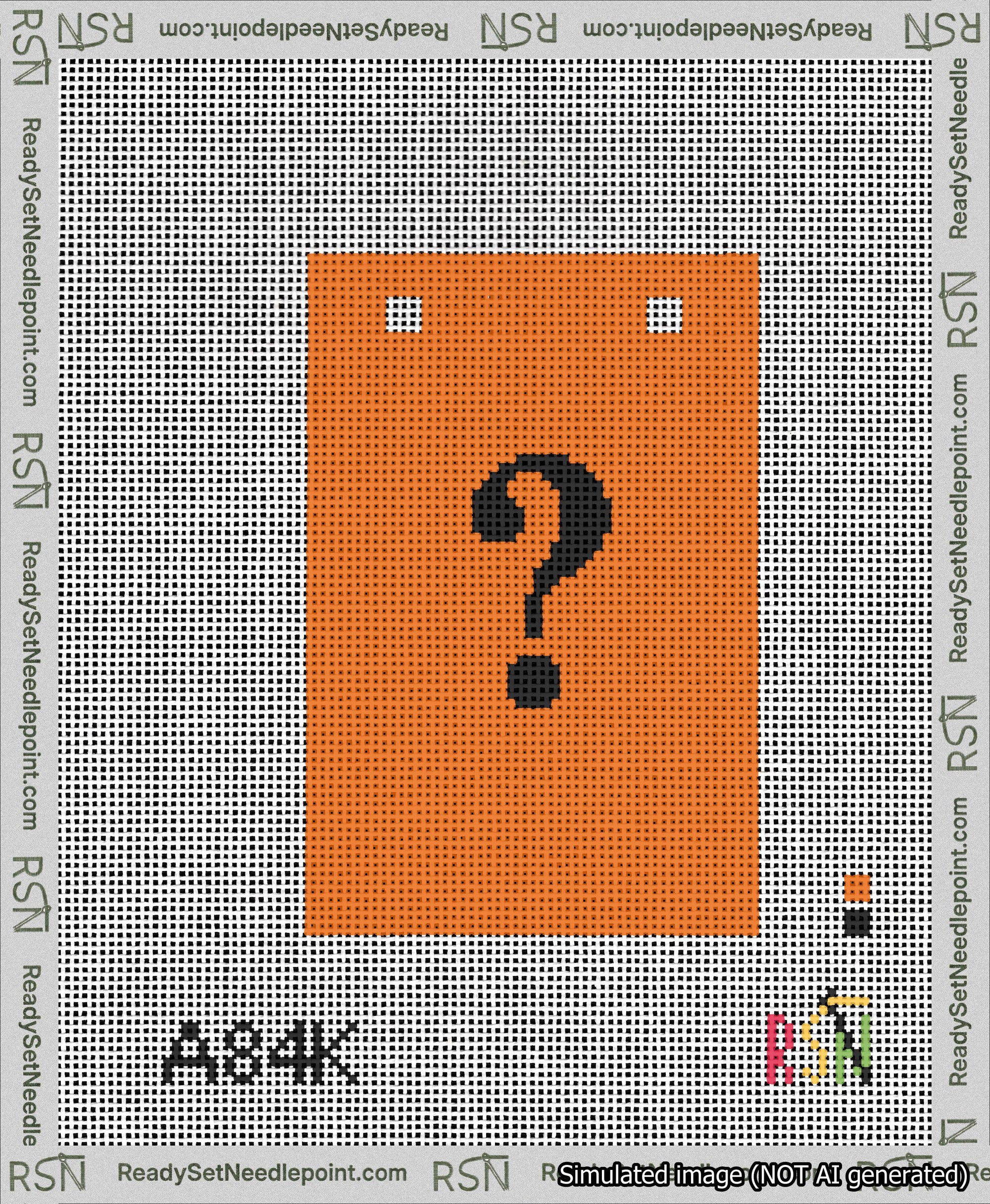 A taped needlepoint canvas with the design: Banner 13 mesh count Squared Question Black on Orange.