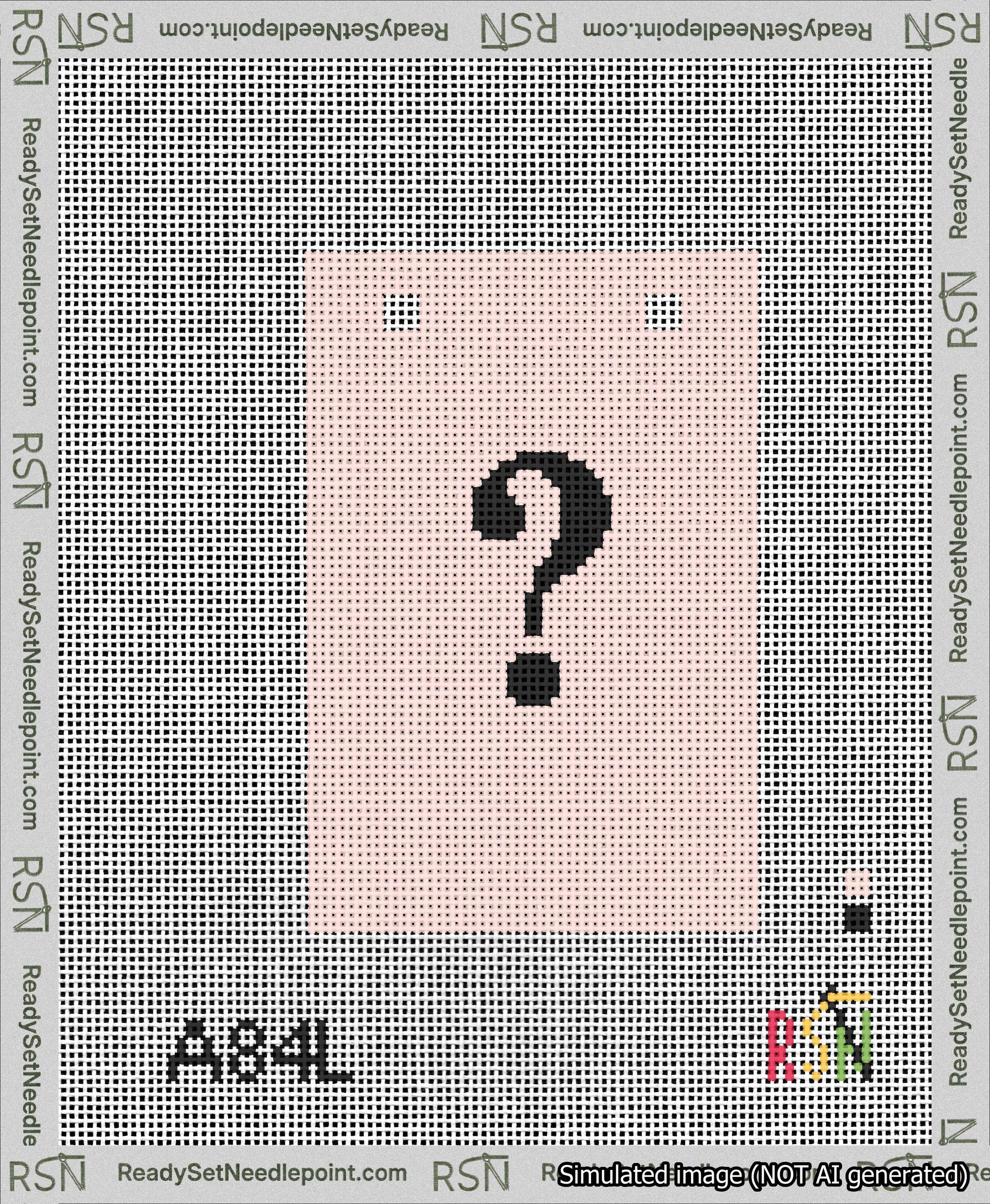 A taped needlepoint canvas with the design: Banner 13 mesh count Squared Question Black on Pink.