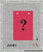 A taped needlepoint canvas with the design: Banner 13 mesh count Squared Question Black on Red.