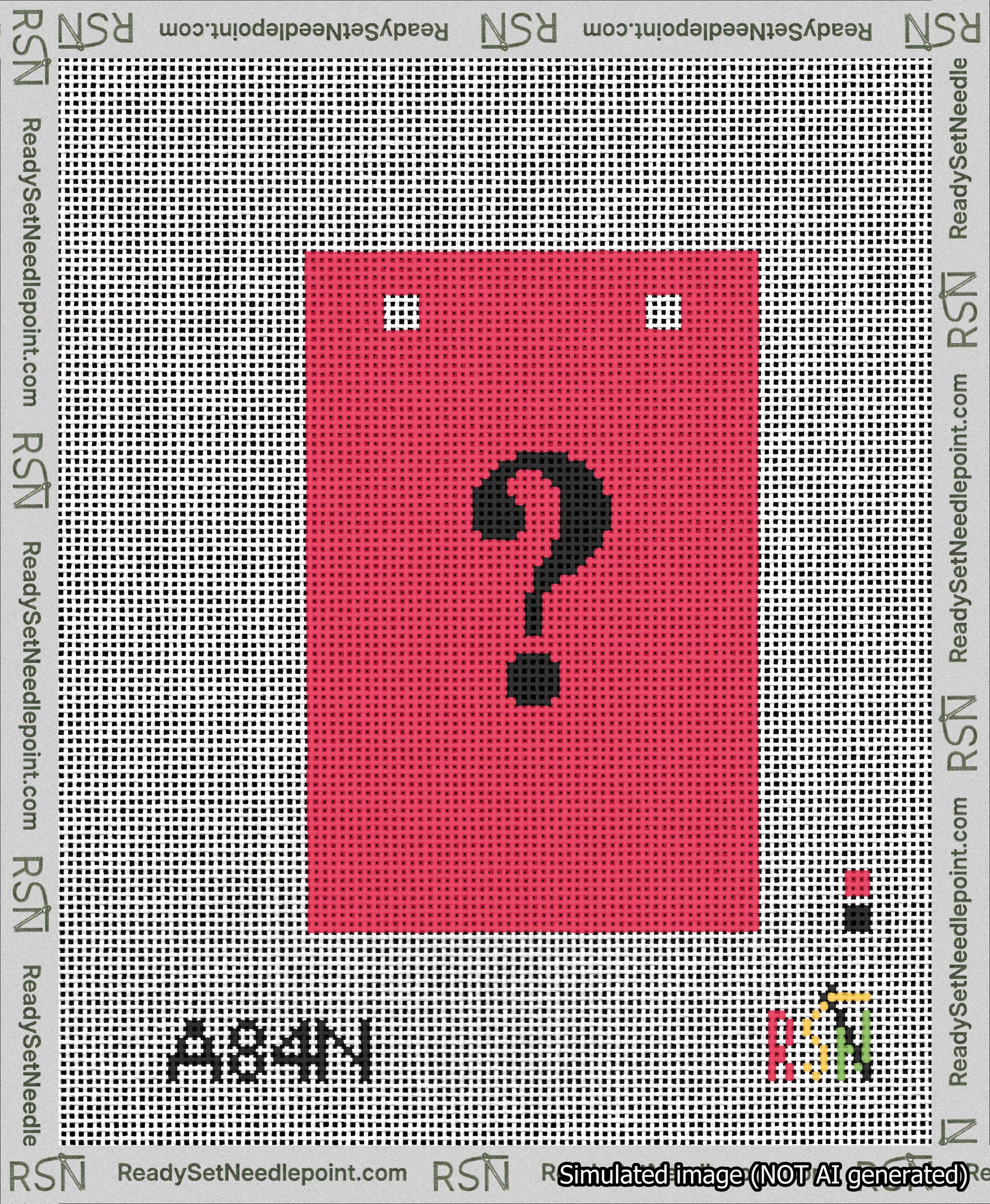 A taped needlepoint canvas with the design: Banner 13 mesh count Squared Question Black on Red.