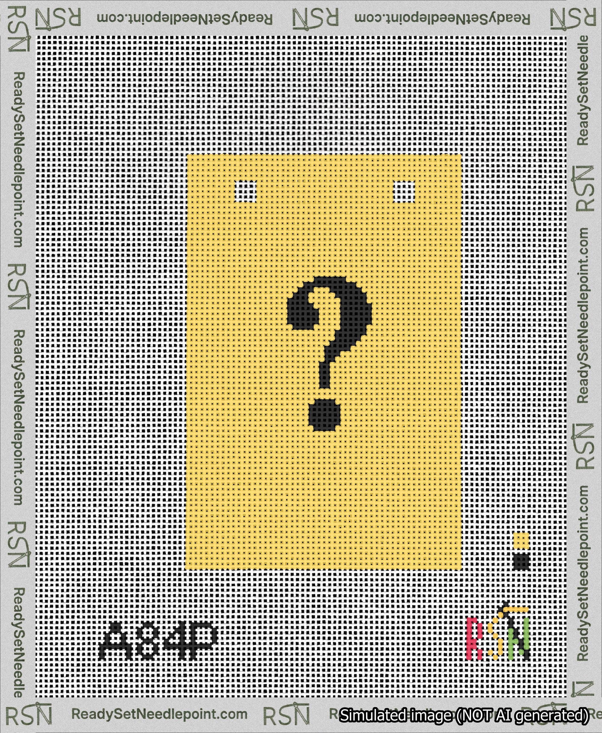 A taped needlepoint canvas with the design: Banner 13 mesh count Squared Question Black on Yellow.