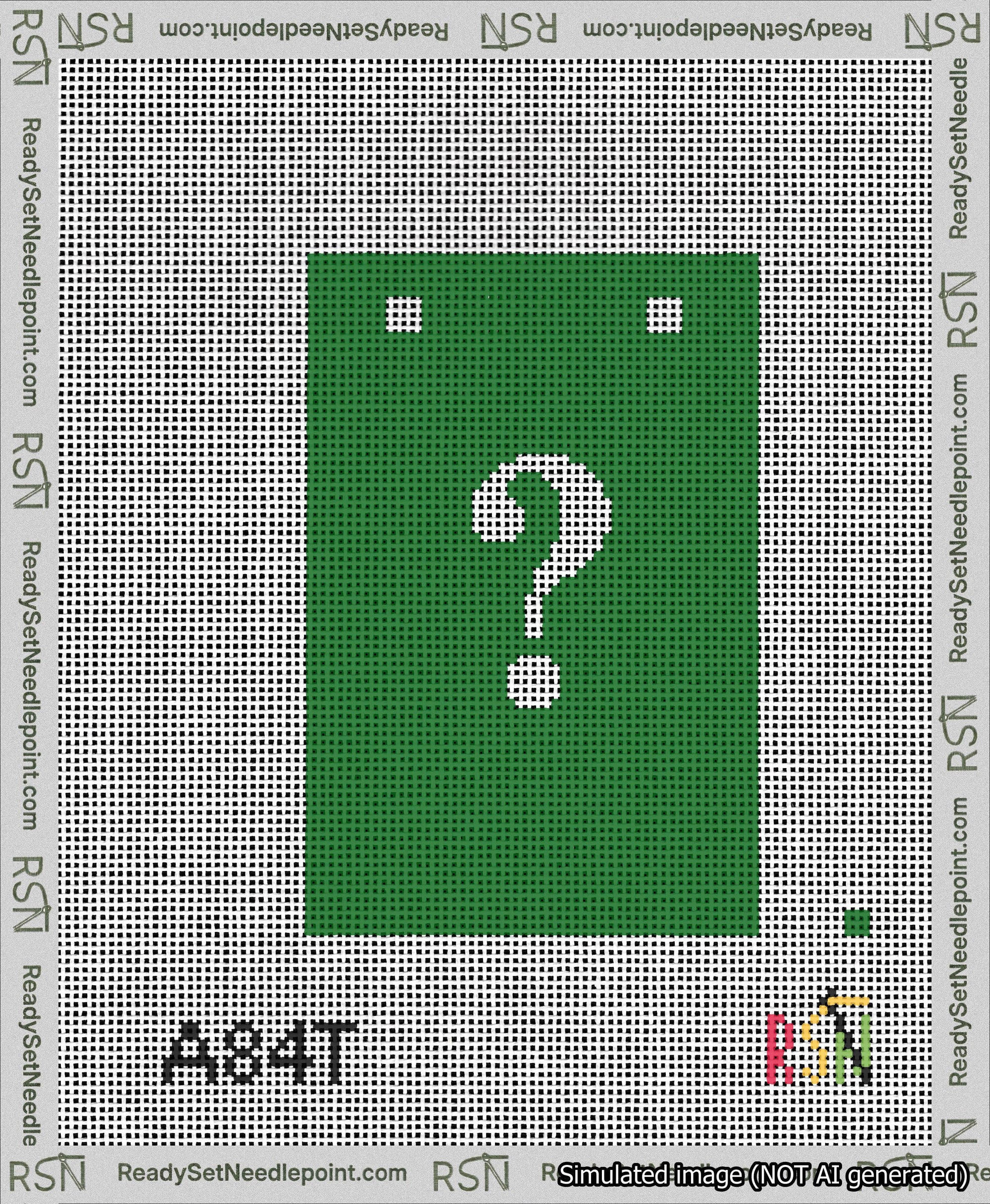 A taped needlepoint canvas with the design: Banner 13 mesh count Squared Question White on Green.