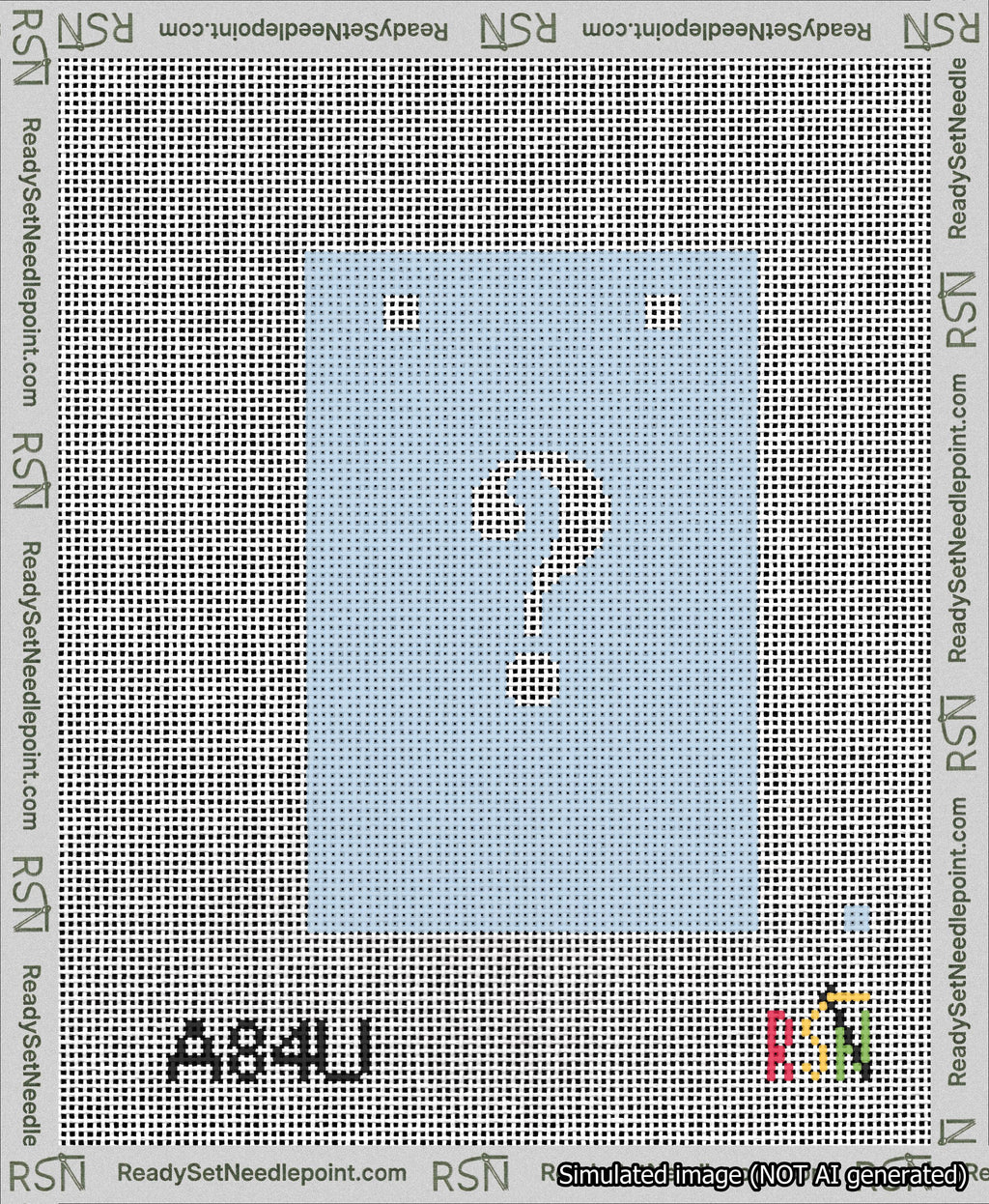 A taped needlepoint canvas with the design: Banner 13 mesh count Squared Question White on Light Blue.