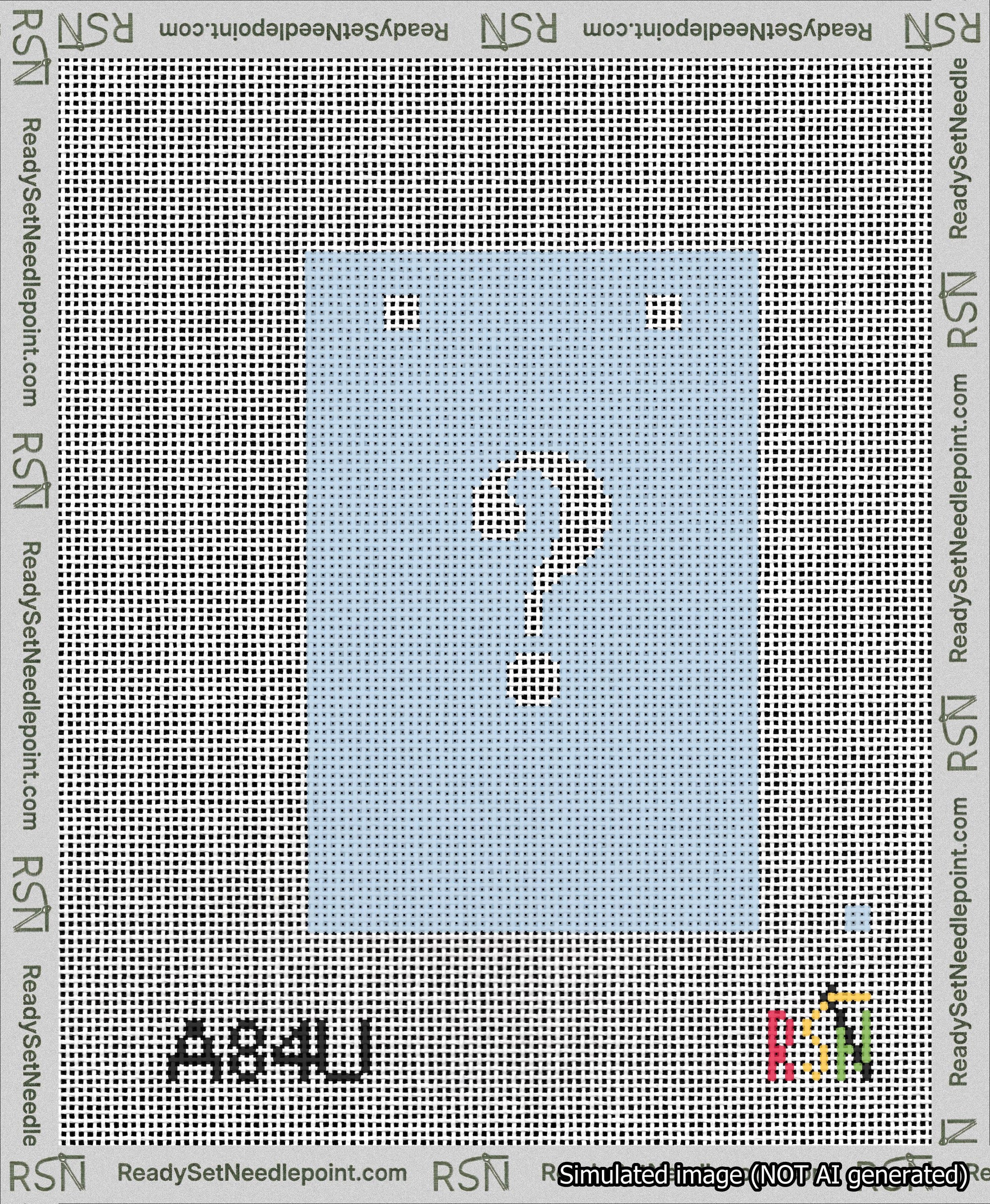 A taped needlepoint canvas with the design: Banner 13 mesh count Squared Question White on Light Blue.