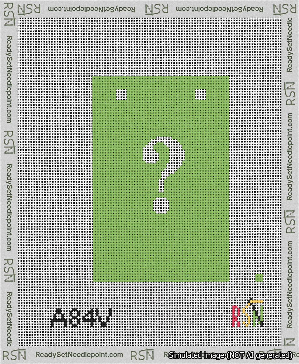 A taped needlepoint canvas with the design: Banner 13 mesh count Squared Question White on Light Green.