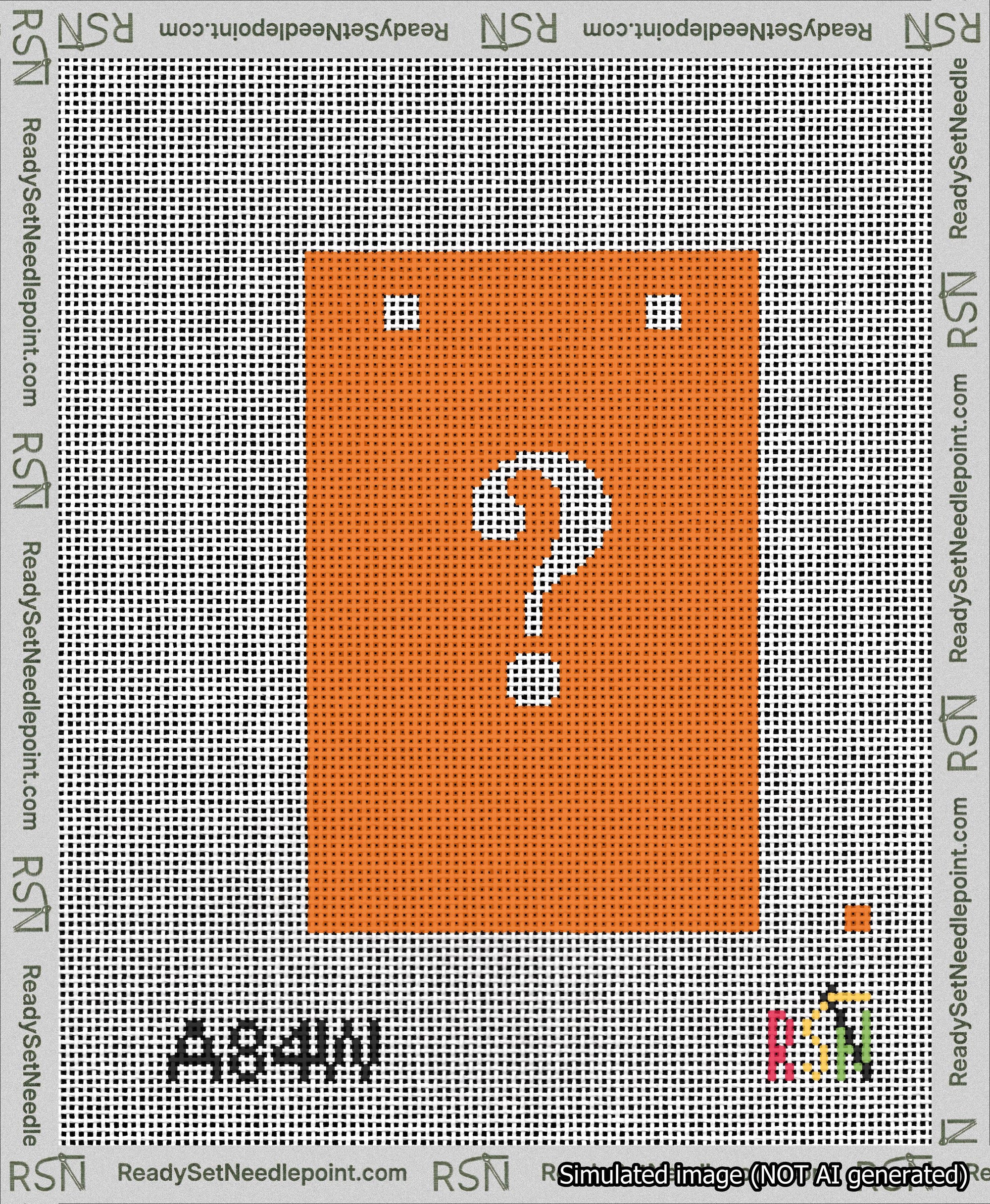 A taped needlepoint canvas with the design: Banner 13 mesh count Squared Question White on Orange.