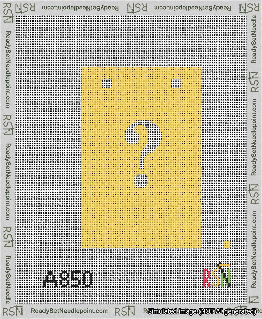 A taped needlepoint canvas with the design: Banner 13 mesh count Squared Question White on Yellow.