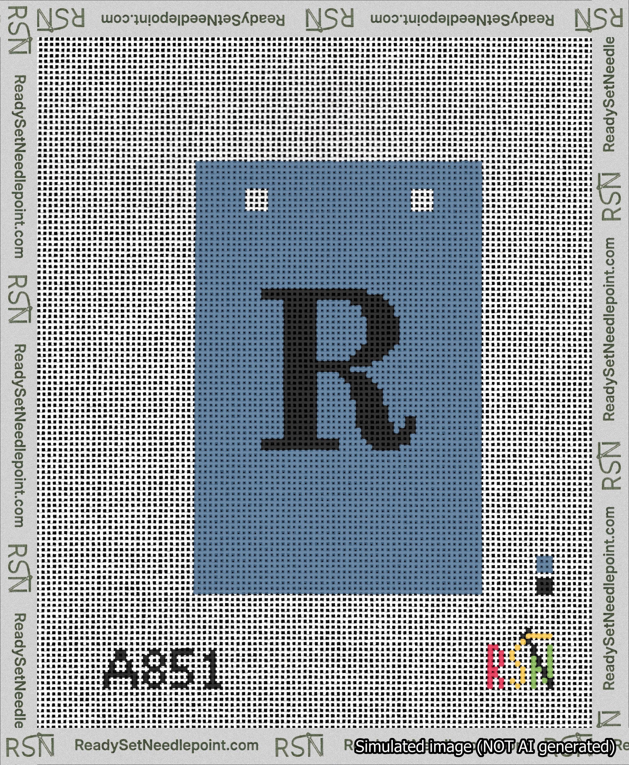 A taped needlepoint canvas with the design: Banner 13 mesh count Squared R Black on Blue.