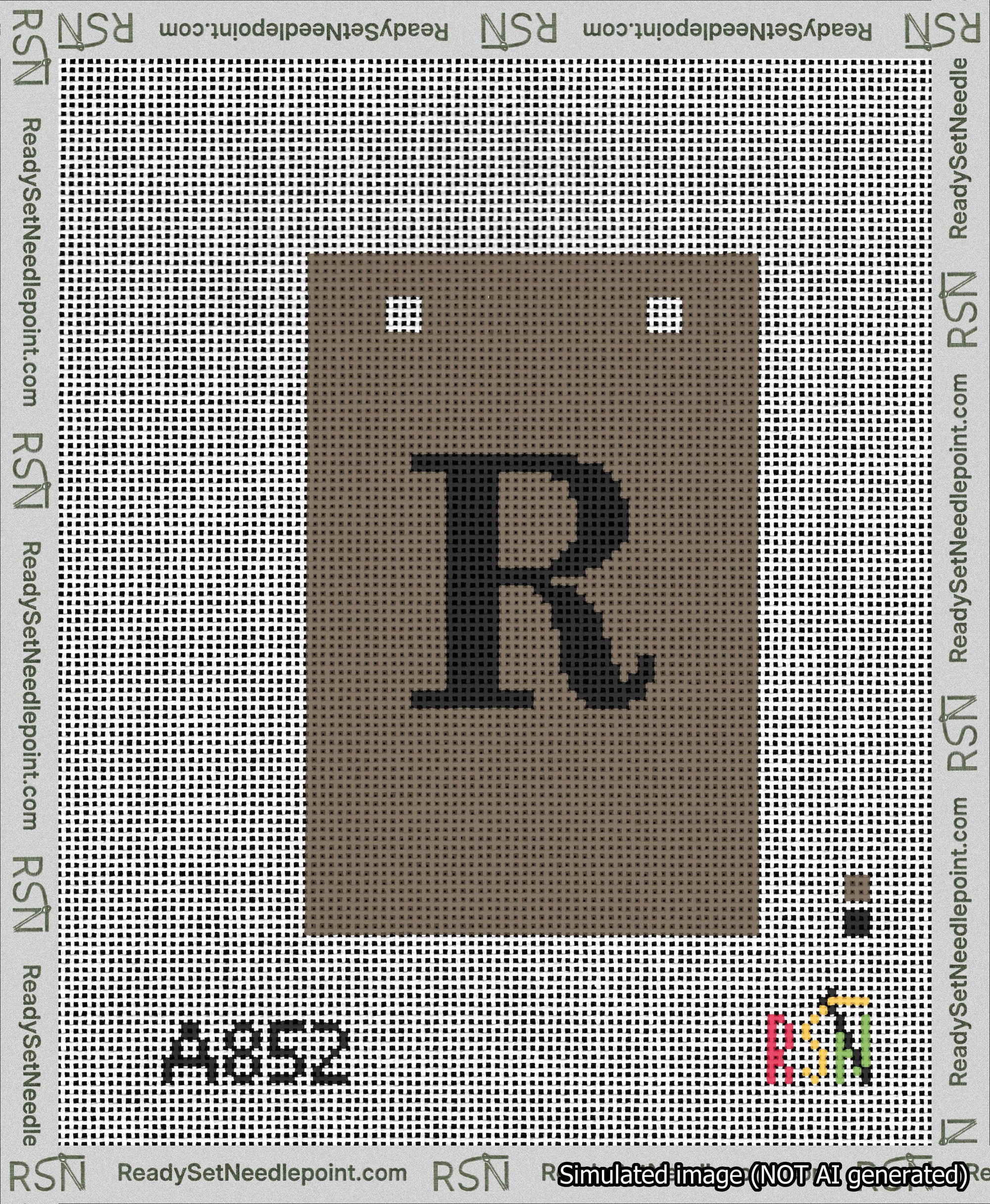 A taped needlepoint canvas with the design: Banner 13 mesh count Squared R Black on Brown.