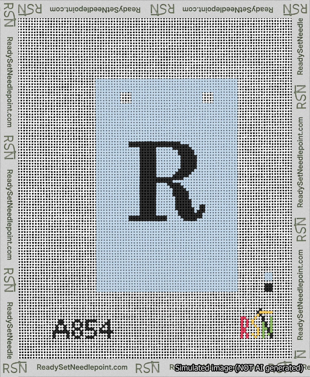 A taped needlepoint canvas with the design: Banner 13 mesh count Squared R Black on Light Blue.