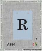 A taped needlepoint canvas with the design: Banner 13 mesh count Squared R Black on Light Blue.