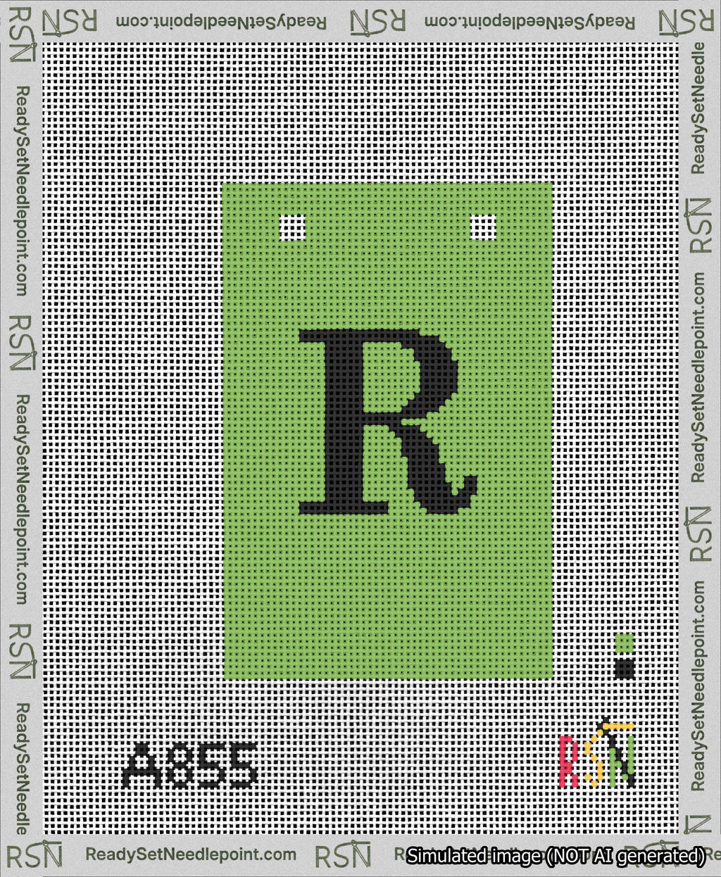 A taped needlepoint canvas with the design: Banner 13 mesh count Squared R Black on Light Green.