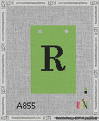 A taped needlepoint canvas with the design: Banner 13 mesh count Squared R Black on Light Green.
