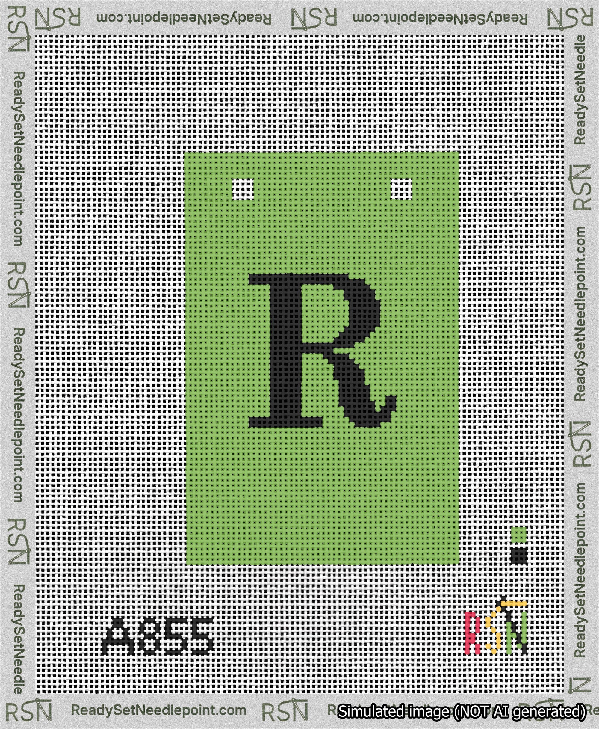 A taped needlepoint canvas with the design: Banner 13 mesh count Squared R Black on Light Green.
