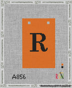 A taped needlepoint canvas with the design: Banner 13 mesh count Squared R Black on Orange.