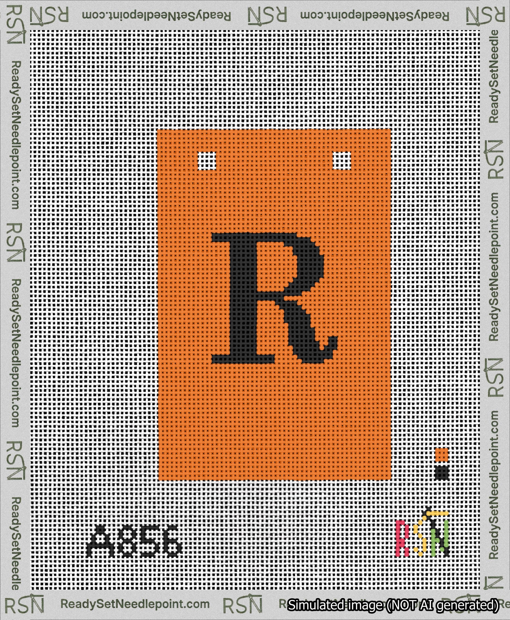 A taped needlepoint canvas with the design: Banner 13 mesh count Squared R Black on Orange.