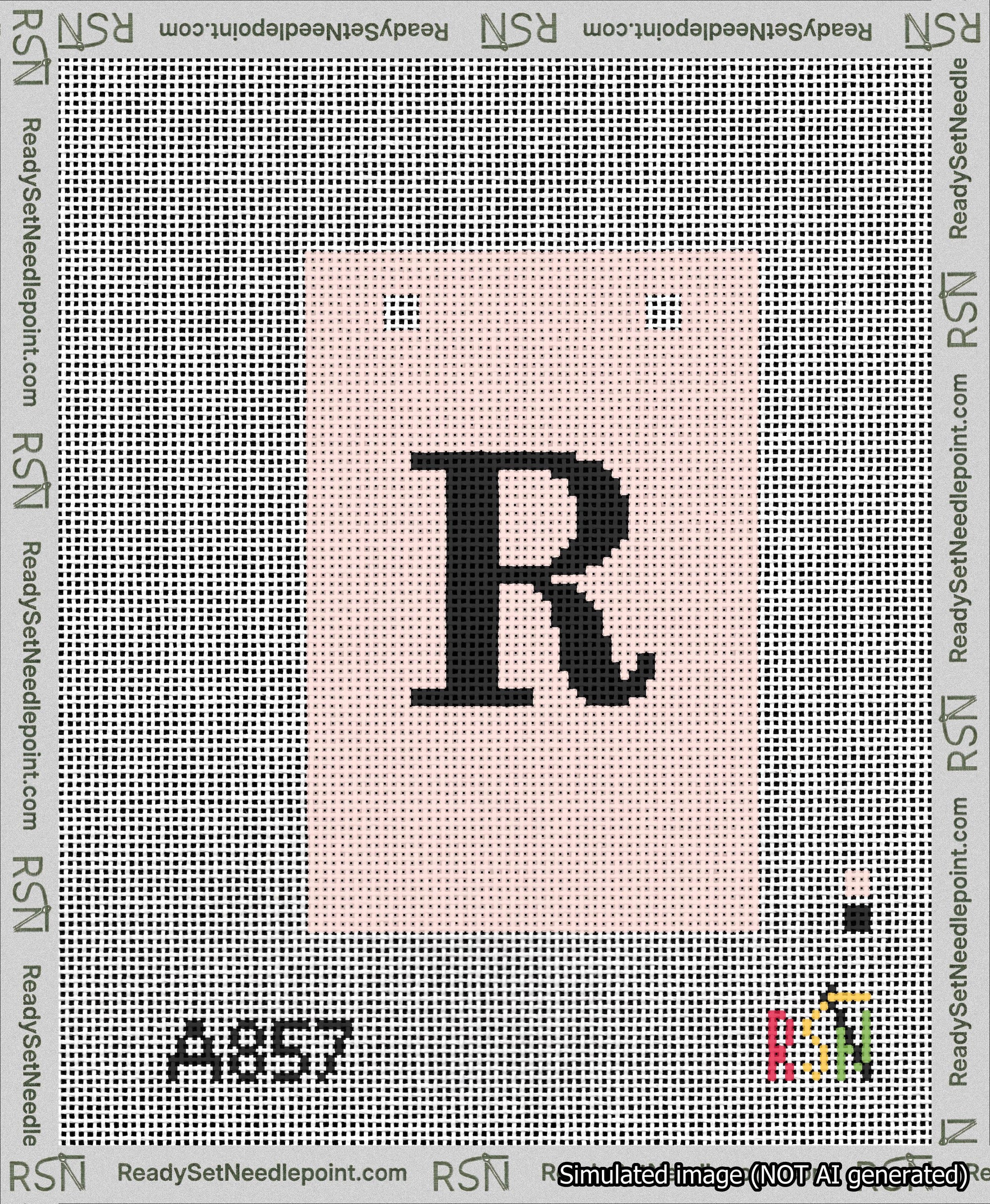 A taped needlepoint canvas with the design: Banner 13 mesh count Squared R Black on Pink.