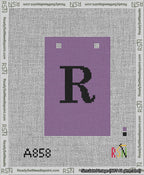 A taped needlepoint canvas with the design: Banner 13 mesh count Squared R Black on Purple.