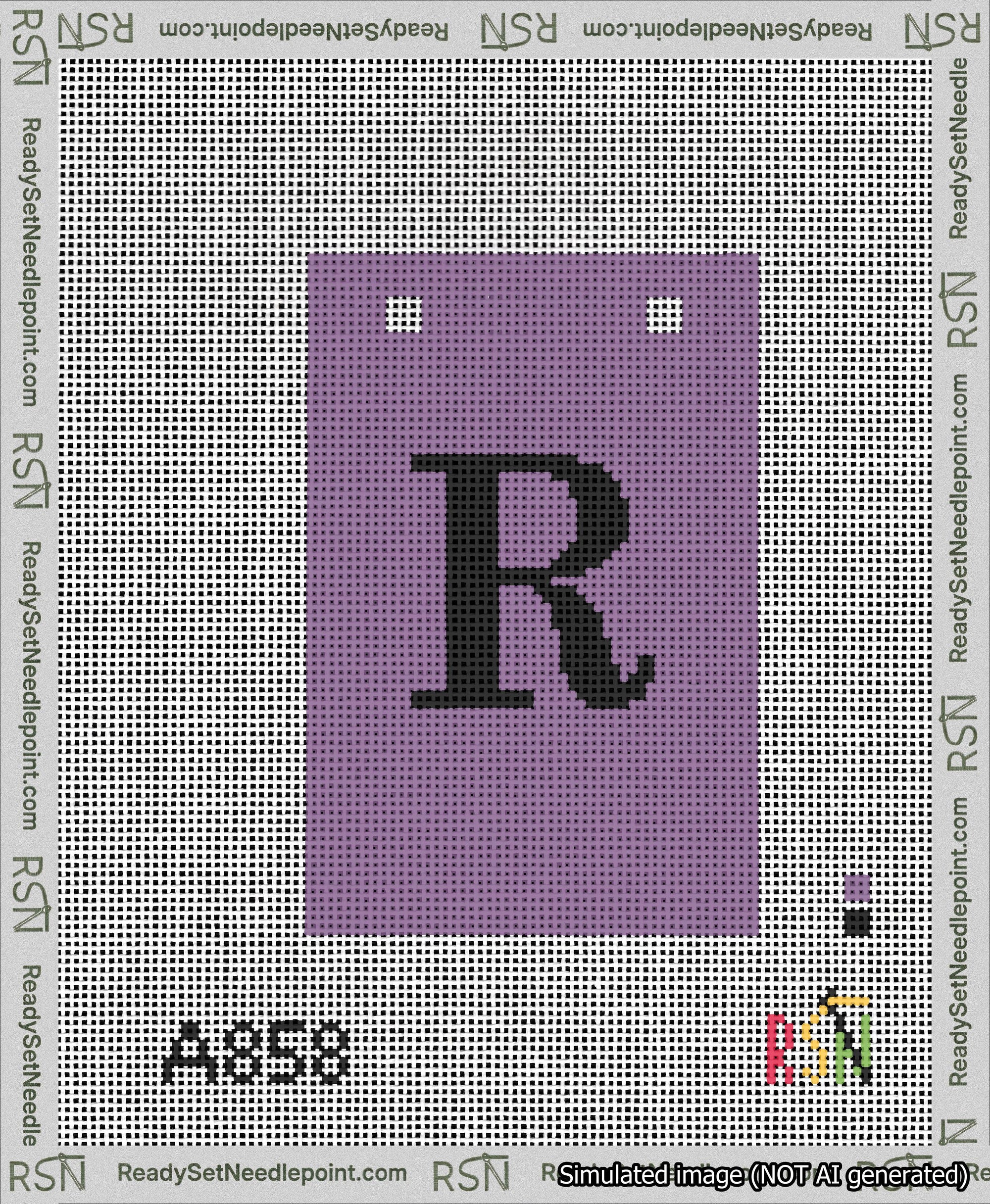 A taped needlepoint canvas with the design: Banner 13 mesh count Squared R Black on Purple.