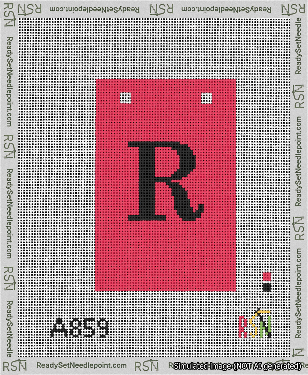 A taped needlepoint canvas with the design: Banner 13 mesh count Squared R Black on Red.