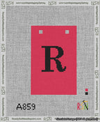 A taped needlepoint canvas with the design: Banner 13 mesh count Squared R Black on Red.
