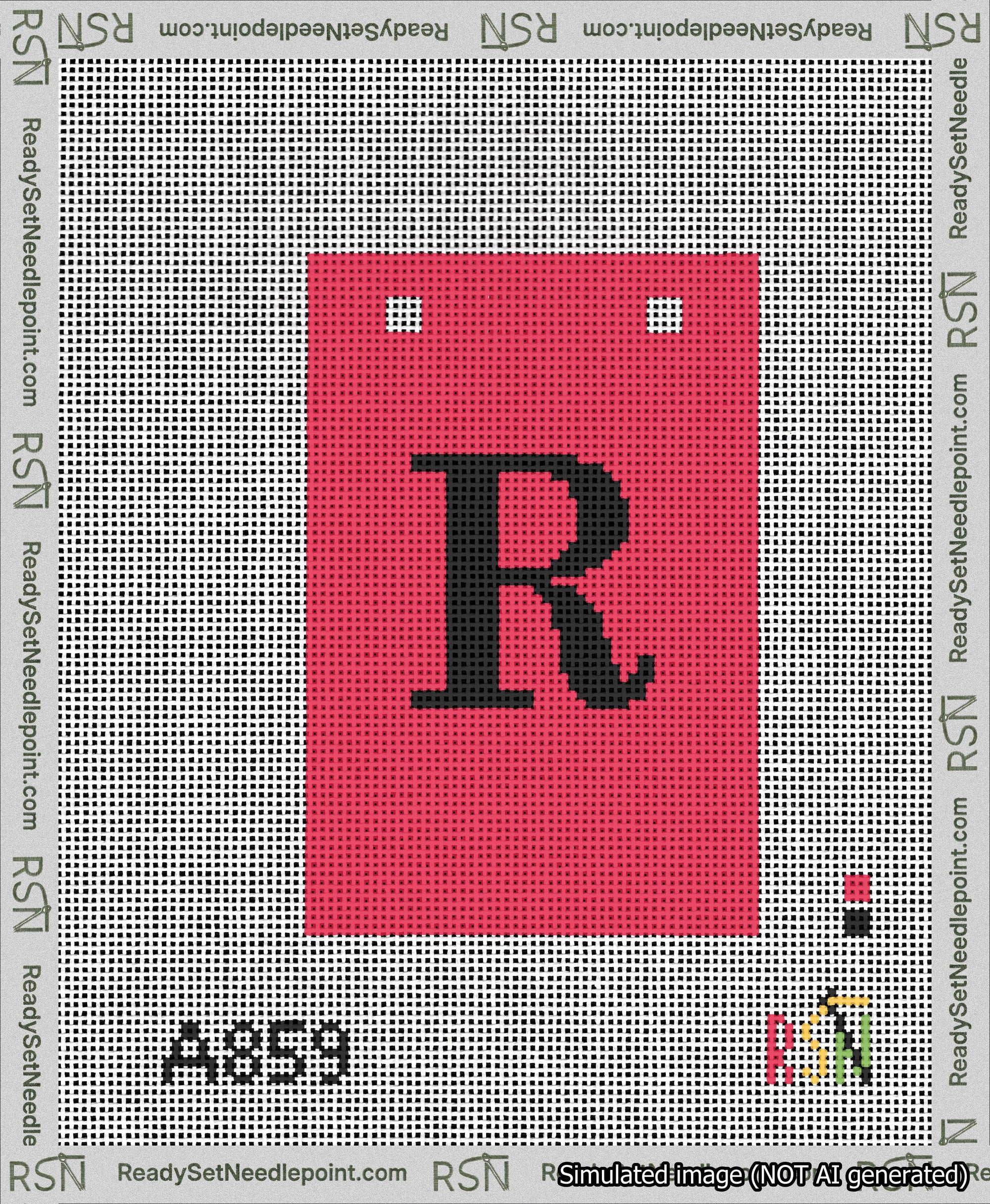 A taped needlepoint canvas with the design: Banner 13 mesh count Squared R Black on Red.