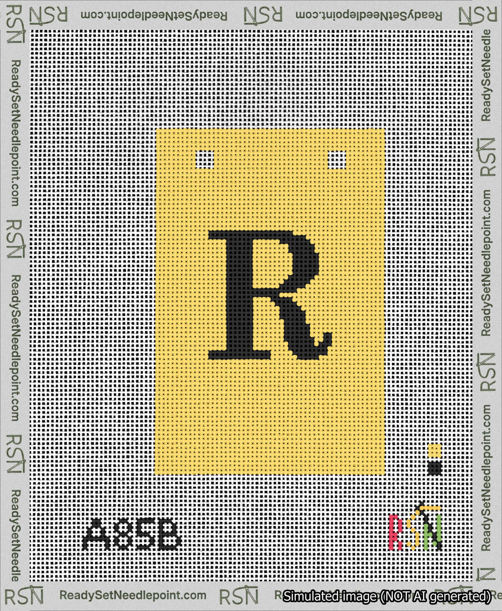A taped needlepoint canvas with the design: Banner 13 mesh count Squared R Black on Yellow.