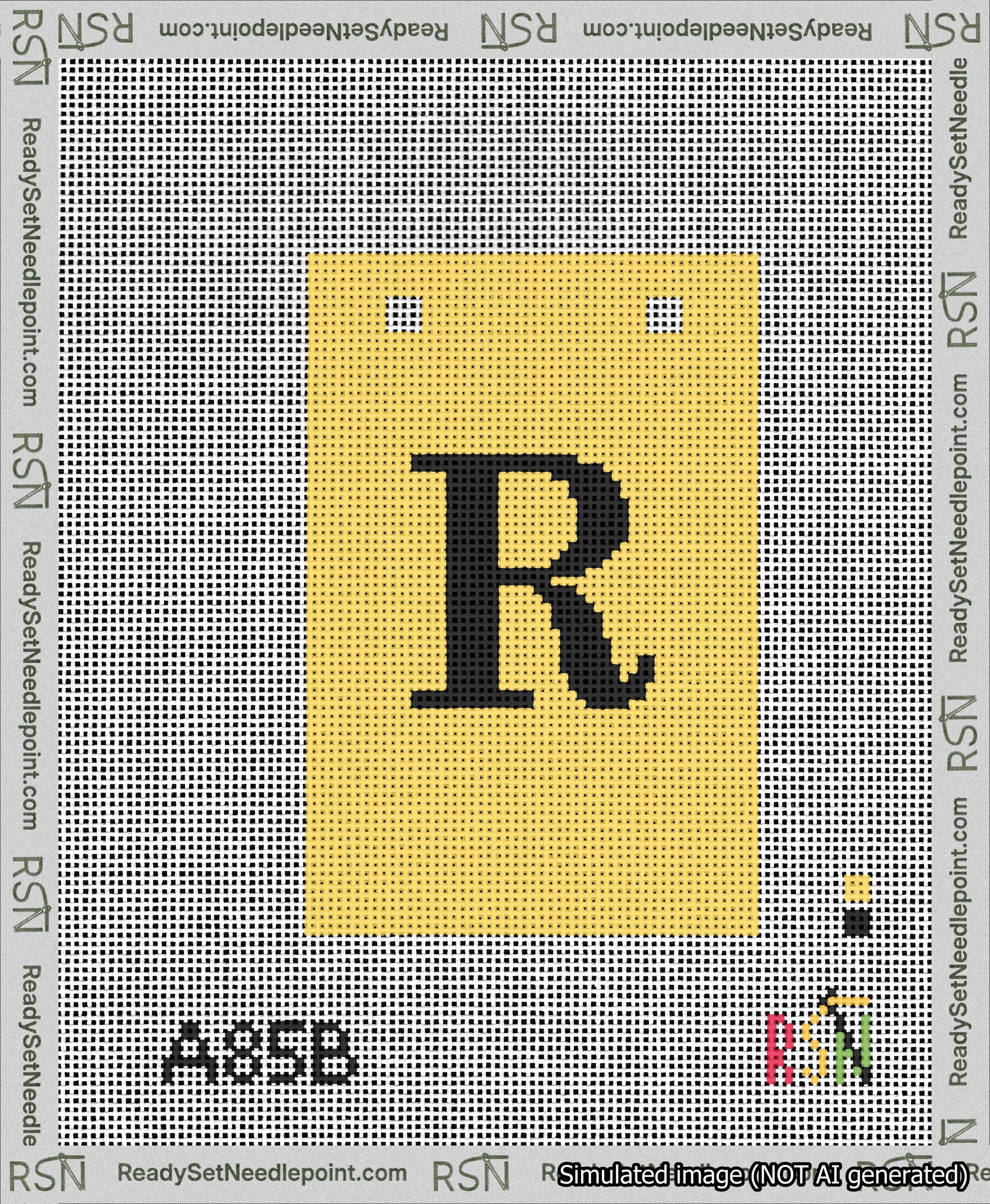 A taped needlepoint canvas with the design: Banner 13 mesh count Squared R Black on Yellow.