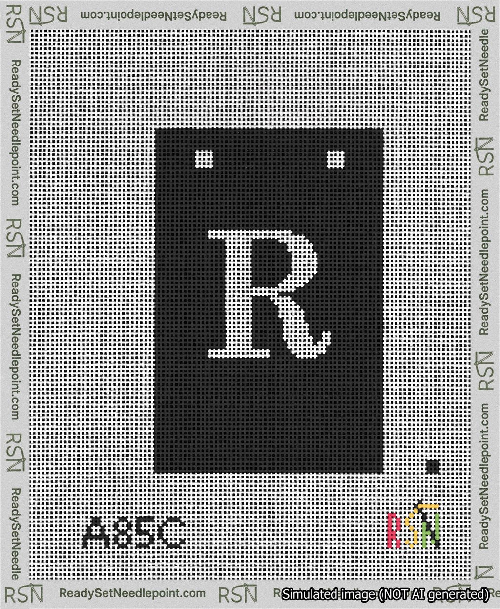 A taped needlepoint canvas with the design: Banner 13 mesh count Squared R White on Black.