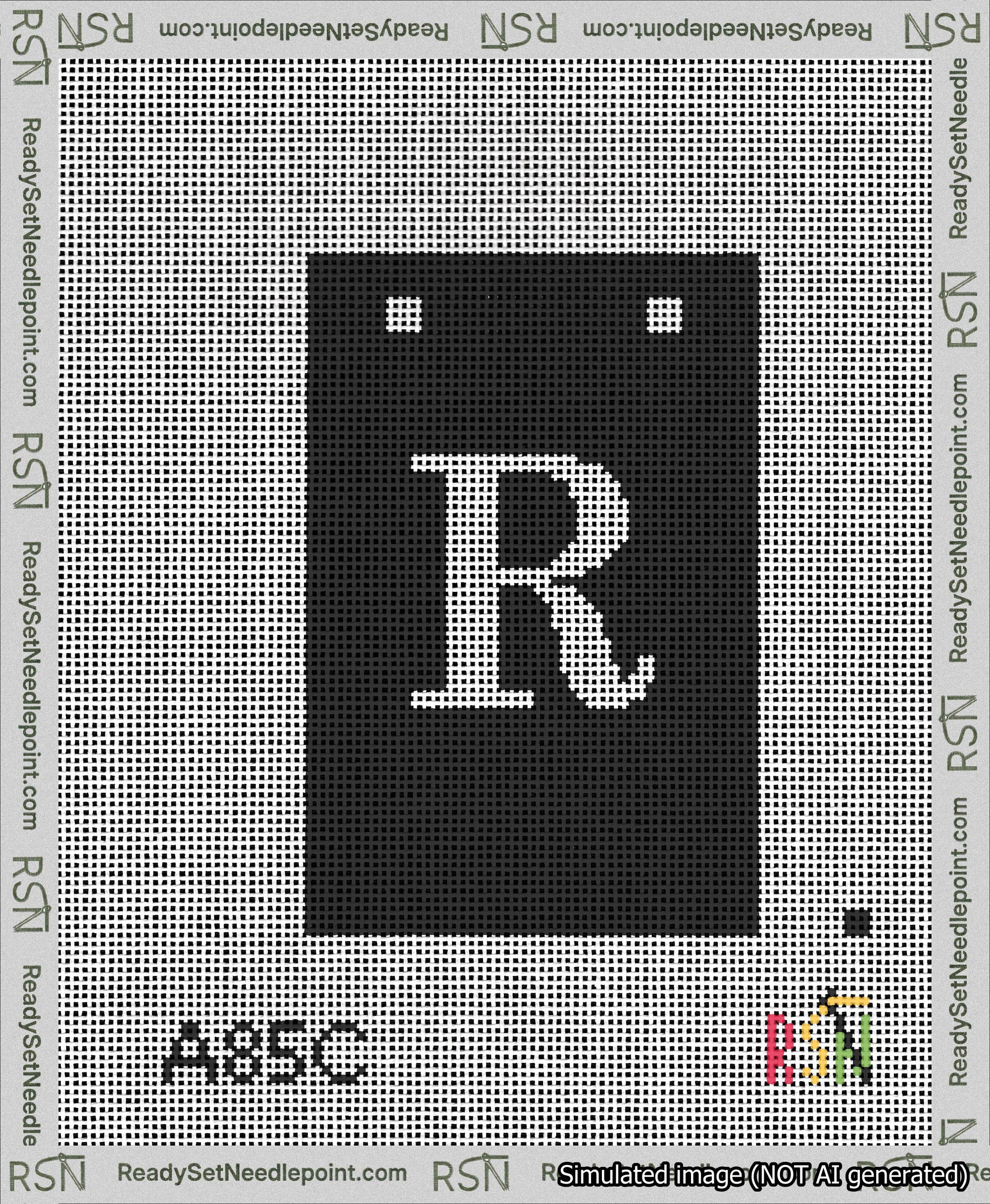 A taped needlepoint canvas with the design: Banner 13 mesh count Squared R White on Black.