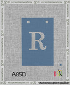 A taped needlepoint canvas with the design: Banner 13 mesh count Squared R White on Blue.