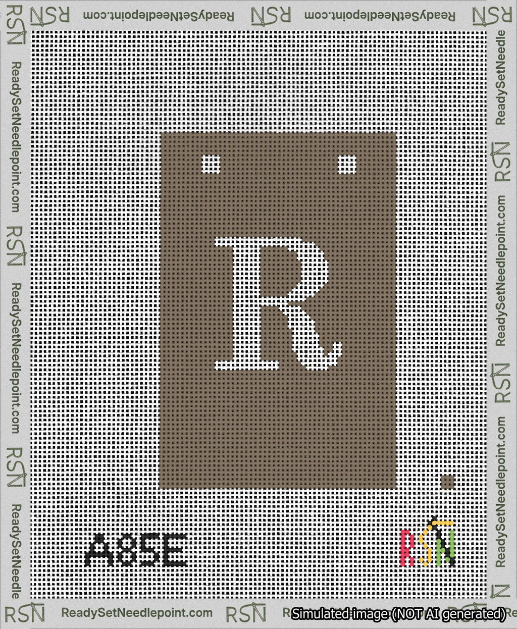 A taped needlepoint canvas with the design: Banner 13 mesh count Squared R White on Brown.