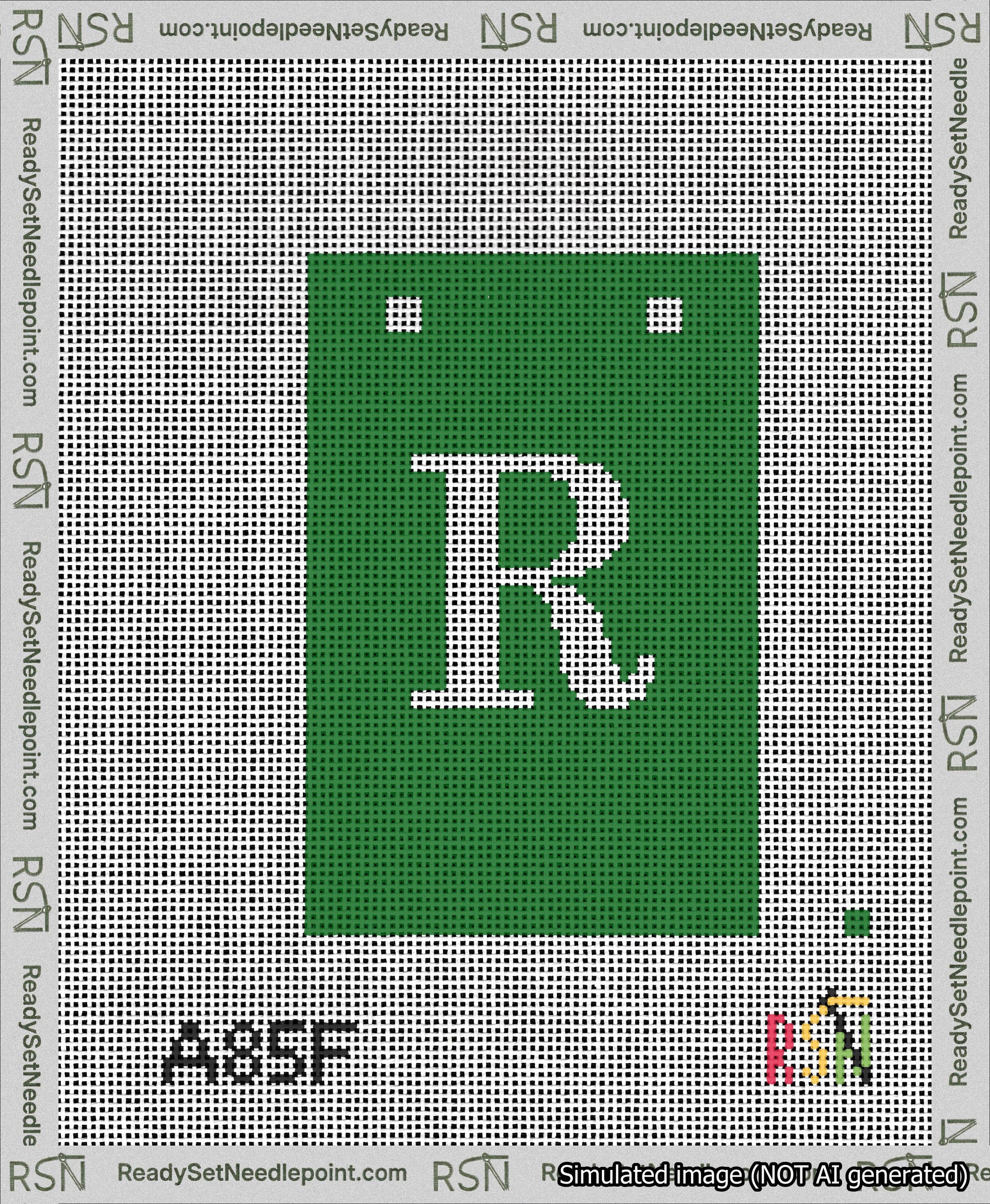 A taped needlepoint canvas with the design: Banner 13 mesh count Squared R White on Green.