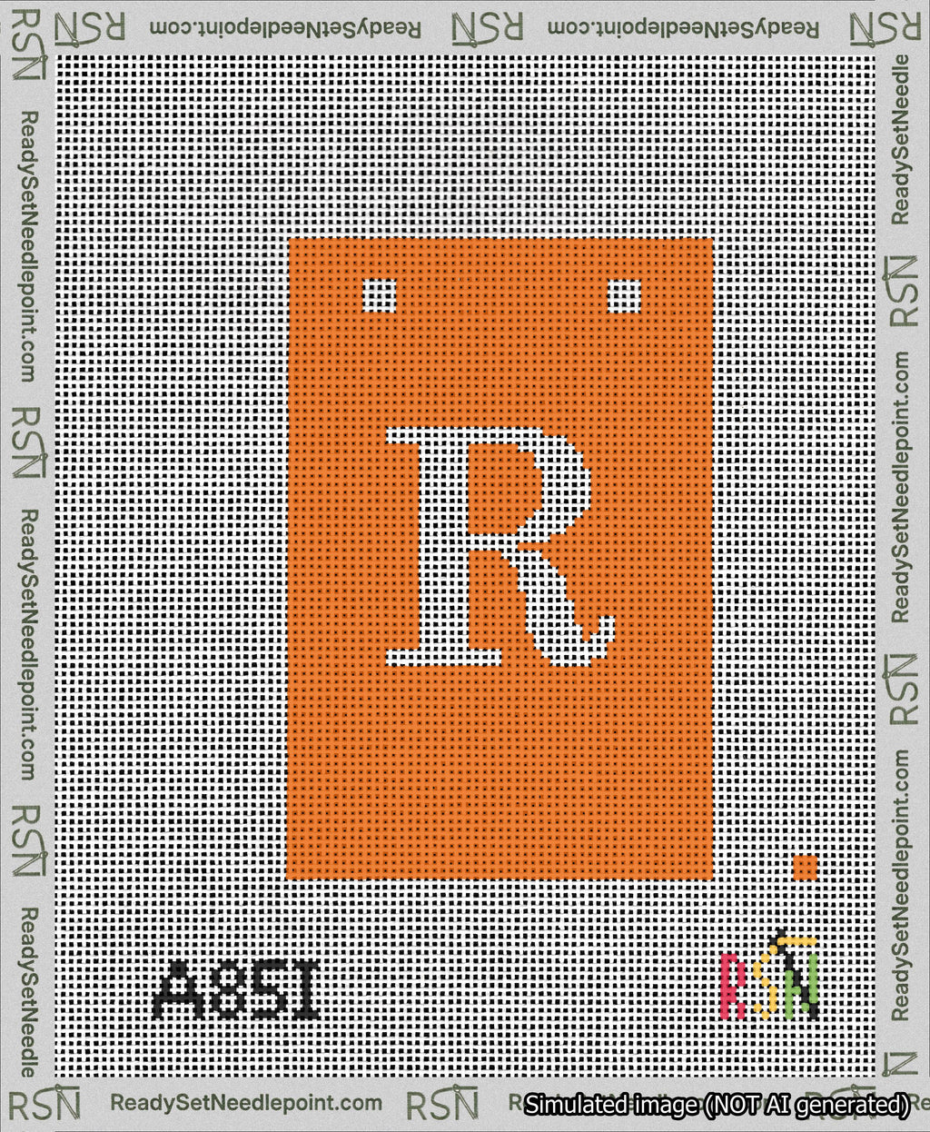 A taped needlepoint canvas with the design: Banner 13 mesh count Squared R White on Orange.