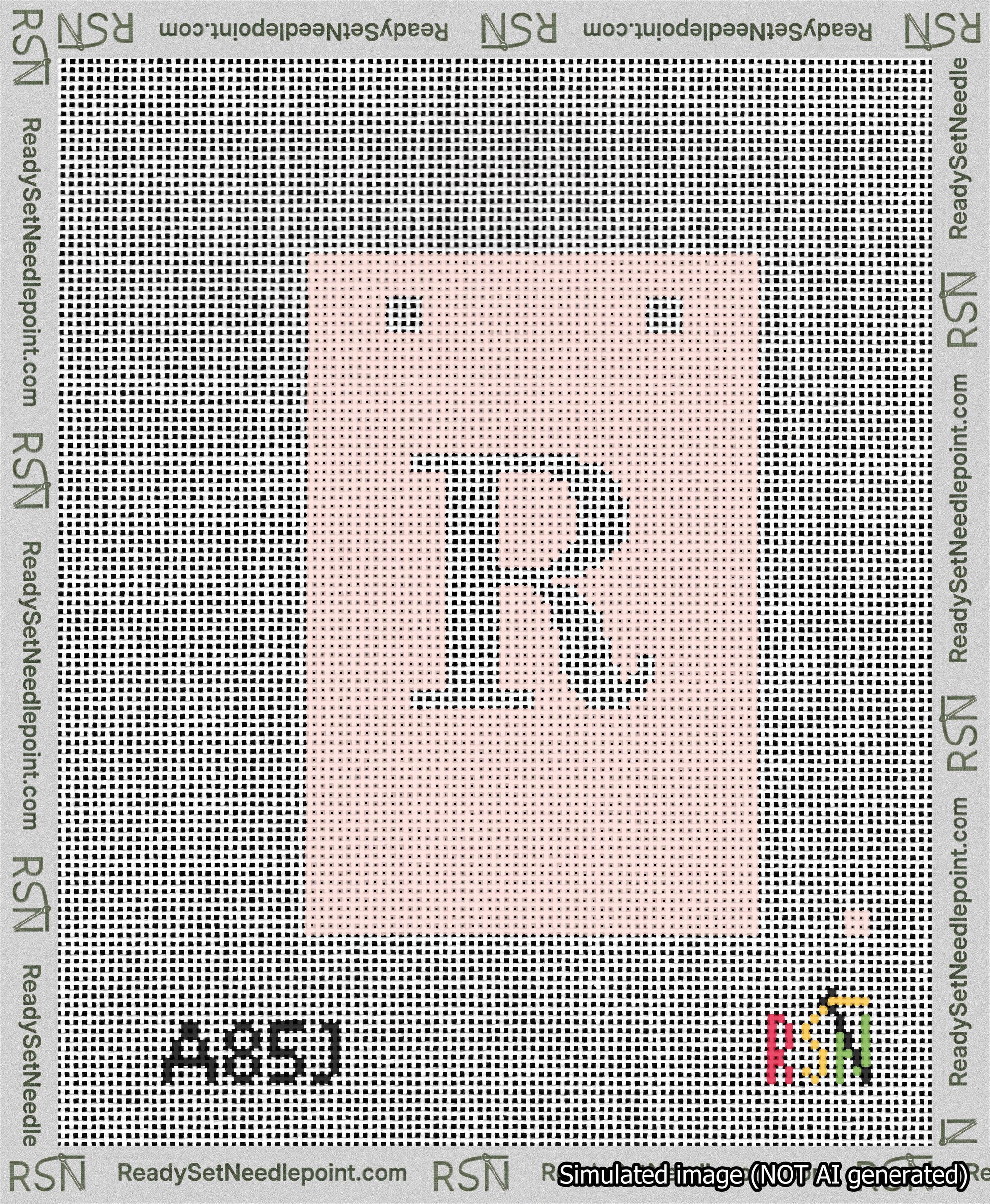 A taped needlepoint canvas with the design: Banner 13 mesh count Squared R White on Pink.