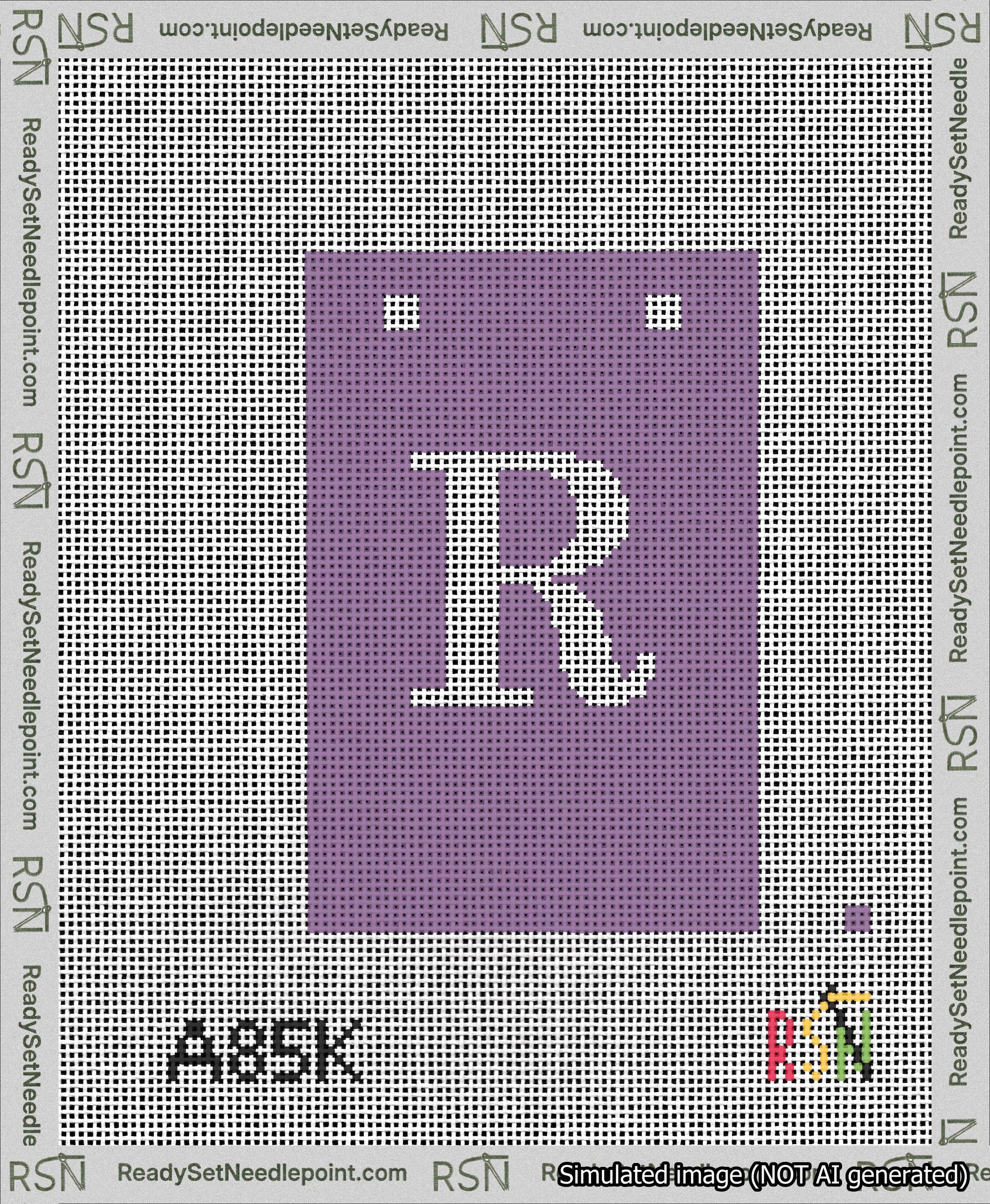 A taped needlepoint canvas with the design: Banner 13 mesh count Squared R White on Purple.