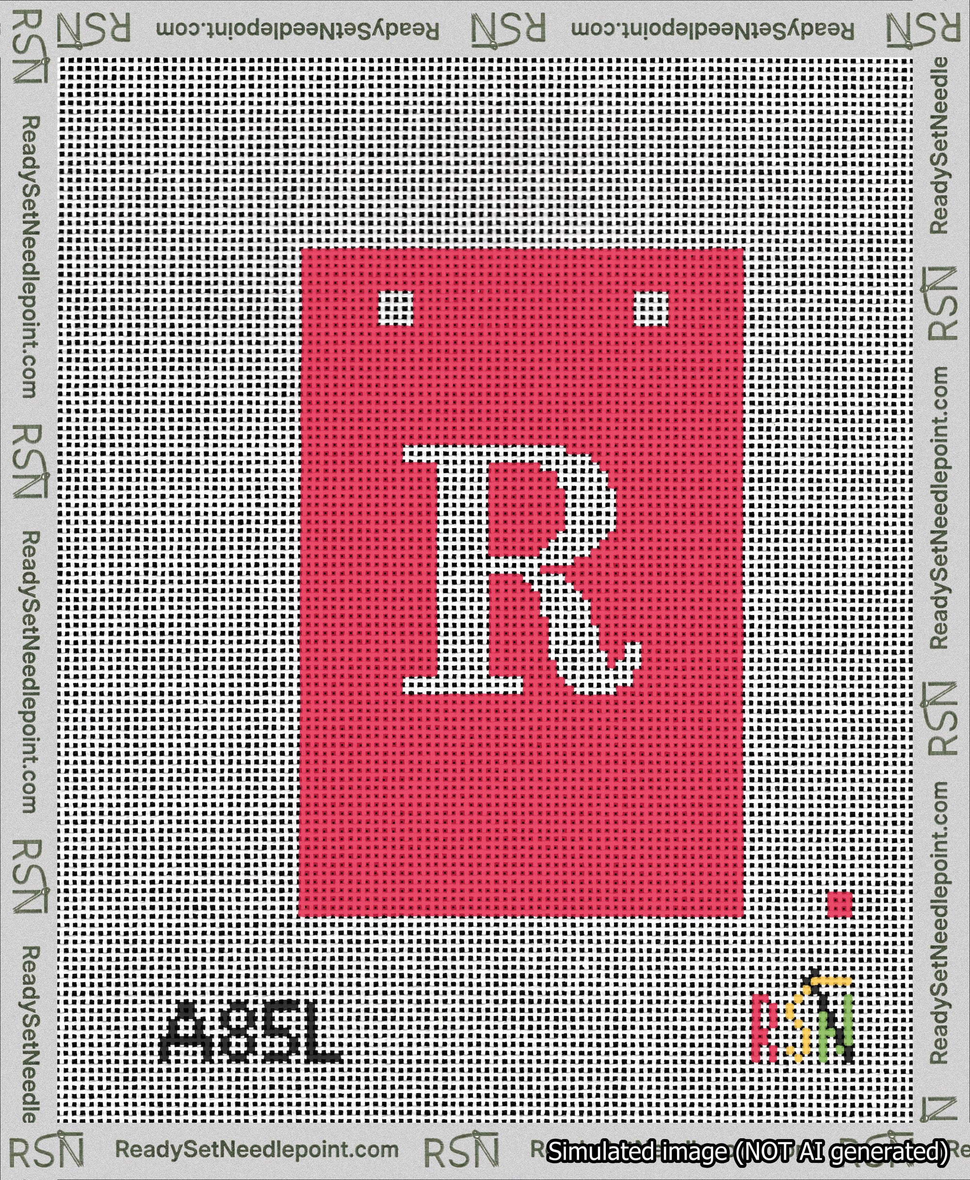 A taped needlepoint canvas with the design: Banner 13 mesh count Squared R White on Red.