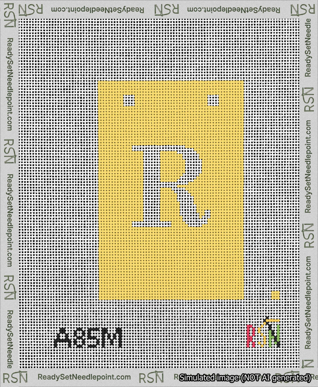 A taped needlepoint canvas with the design: Banner 13 mesh count Squared R White on Yellow.