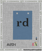 A taped needlepoint canvas with the design: Banner 13 mesh count Squared rd Black on Blue.