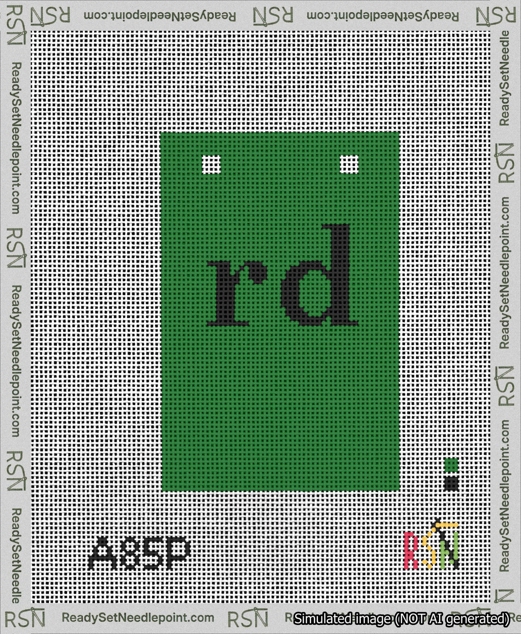 A taped needlepoint canvas with the design: Banner 13 mesh count Squared rd Black on Green.