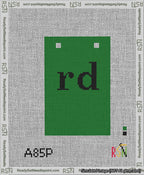 A taped needlepoint canvas with the design: Banner 13 mesh count Squared rd Black on Green.