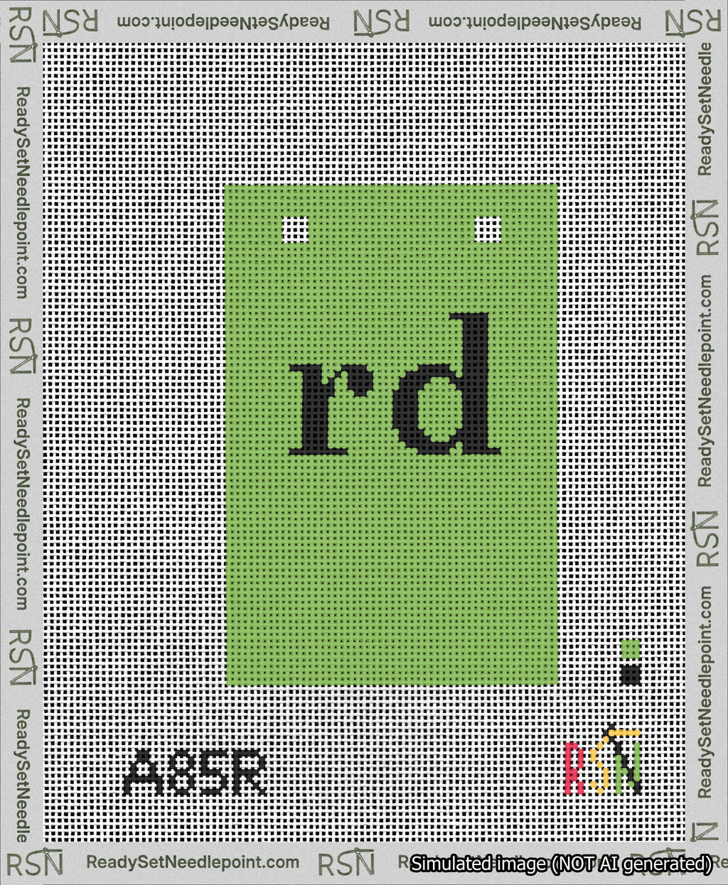 A taped needlepoint canvas with the design: Banner 13 mesh count Squared rd Black on Light Green.