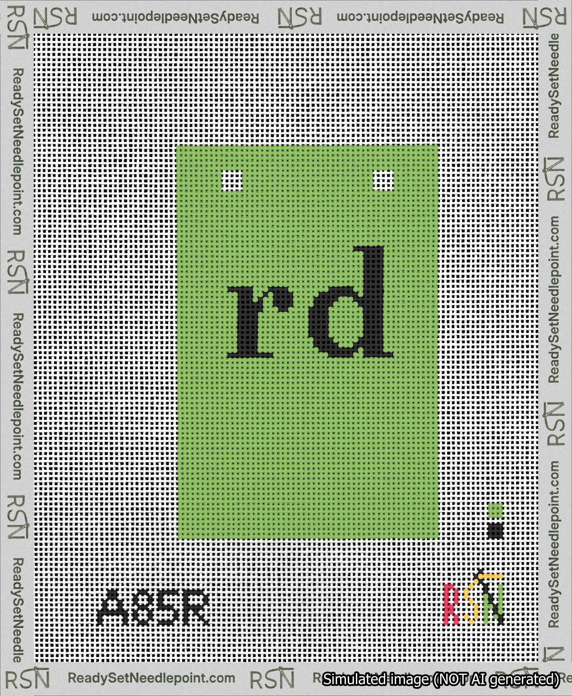 A taped needlepoint canvas with the design: Banner 13 mesh count Squared rd Black on Light Green.